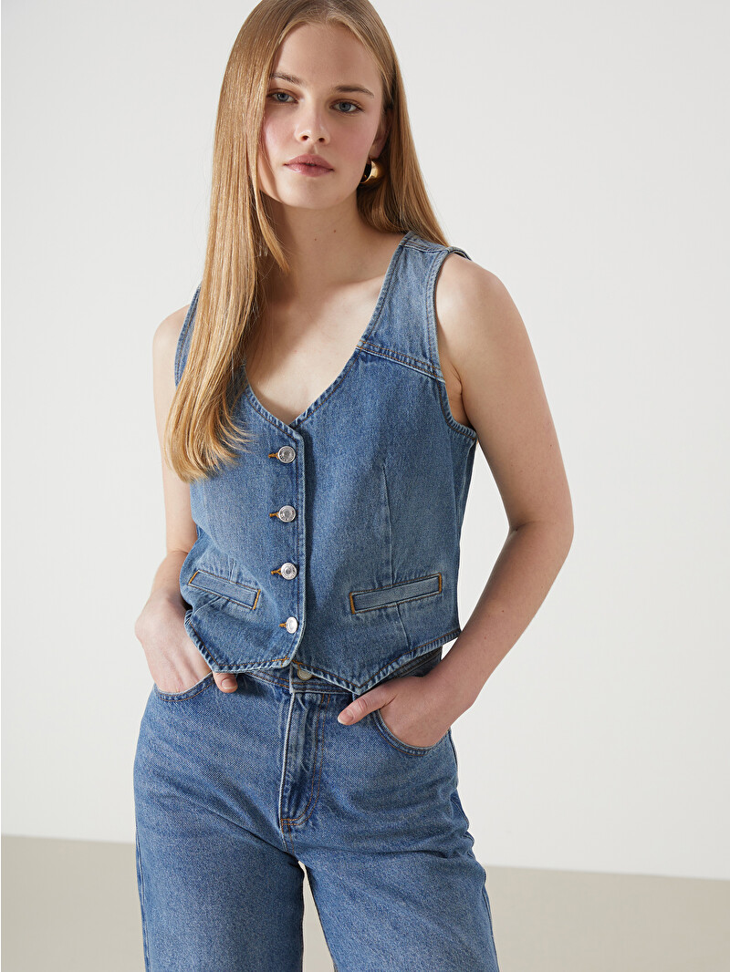 LCW Vision V Neck Women's Denim Waistcoat - S5BK65Z8-507 - LC Waikiki