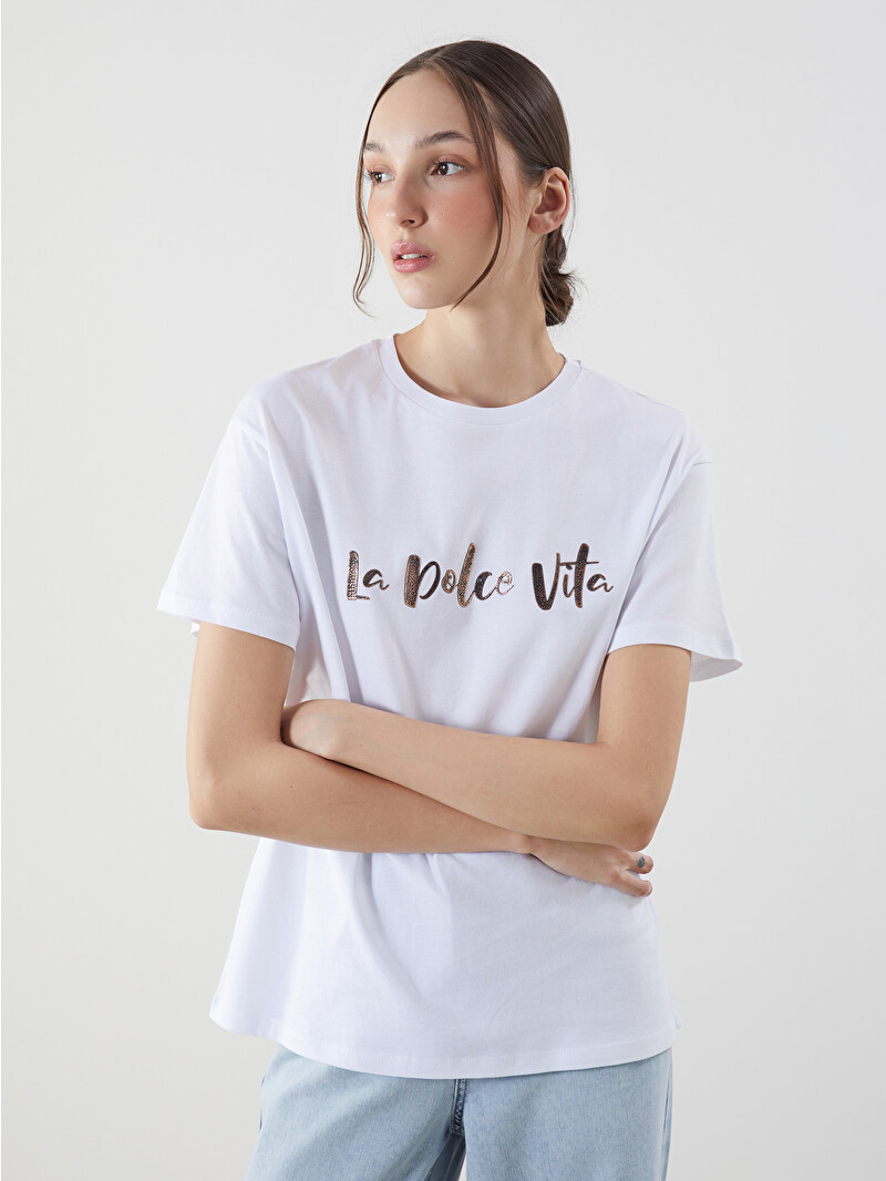 【新品未開封】andwang AND bijou tee white LCW Vision Crew Neck Printed Women's T-Shirt - S5DJ22Z8-Q6K | LC
