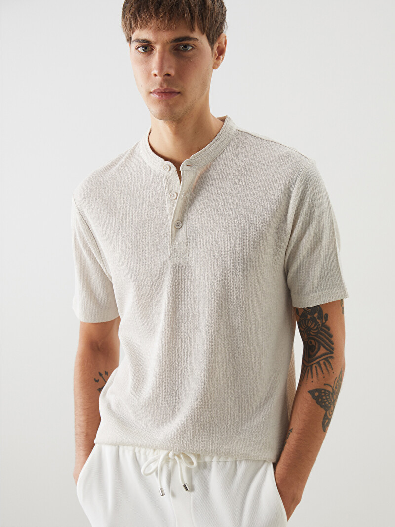 LCW Vision Grandad Collar Patterned Buttoned Men's Textured T