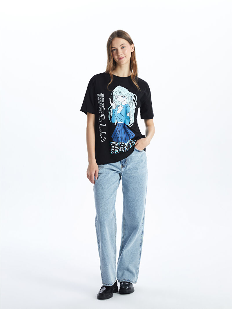 XSIDE Siyah Bisiklet Yaka Anime Baskılı Kadın Tişört - S5GP28Z8