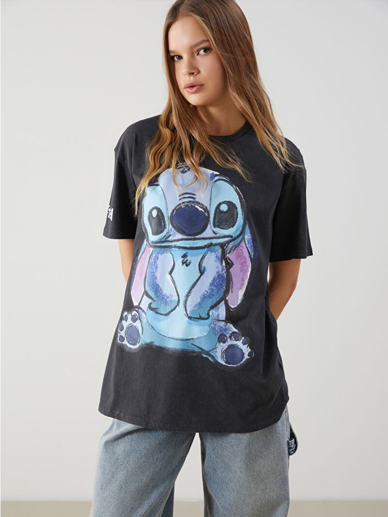 XSIDE Antrasit Bisiklet Yaka Stitch Baskılı Kadın Tişört