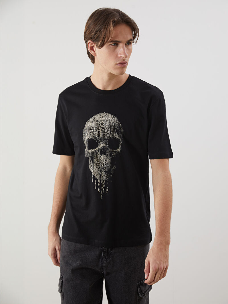 XSIDE Siyah Bisiklet Yaka Baskılı Erkek Tişört - S5IL46Z8-CVL | LCW