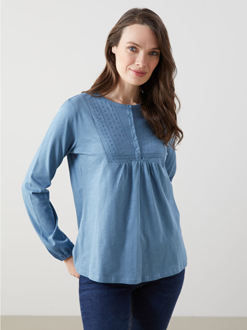 nya  LCW Grace Mavi Bisiklet Yaka Nakışlı Bluz - S5IS54Z8-GN6 | LCW