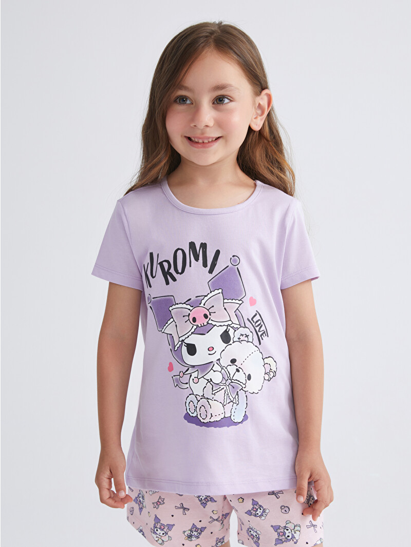 LCW Kids Lila Bisiklet Yaka Kuromi Baskılı Kız Çocuk Şortlu Pijama
