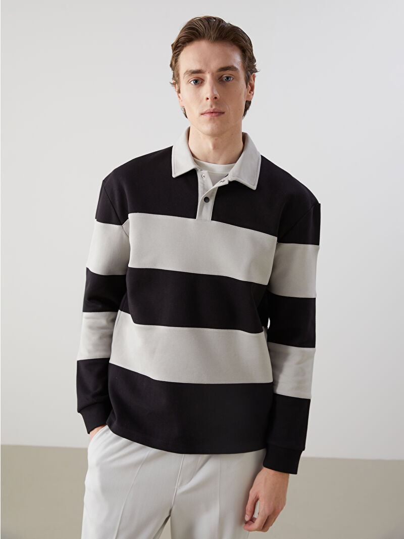 LCW Vision Polo Yaka Uzun Kollu Çizgili Erkek Sweatshirt