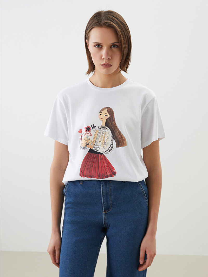 ヴィヴィアーノ カットソー Tシャツ ハート柄 L 白 VS-AW24-CS01 LCW Vision Beyaz Bisiklet Yaka Baskılı Oversize Kadın Tişört