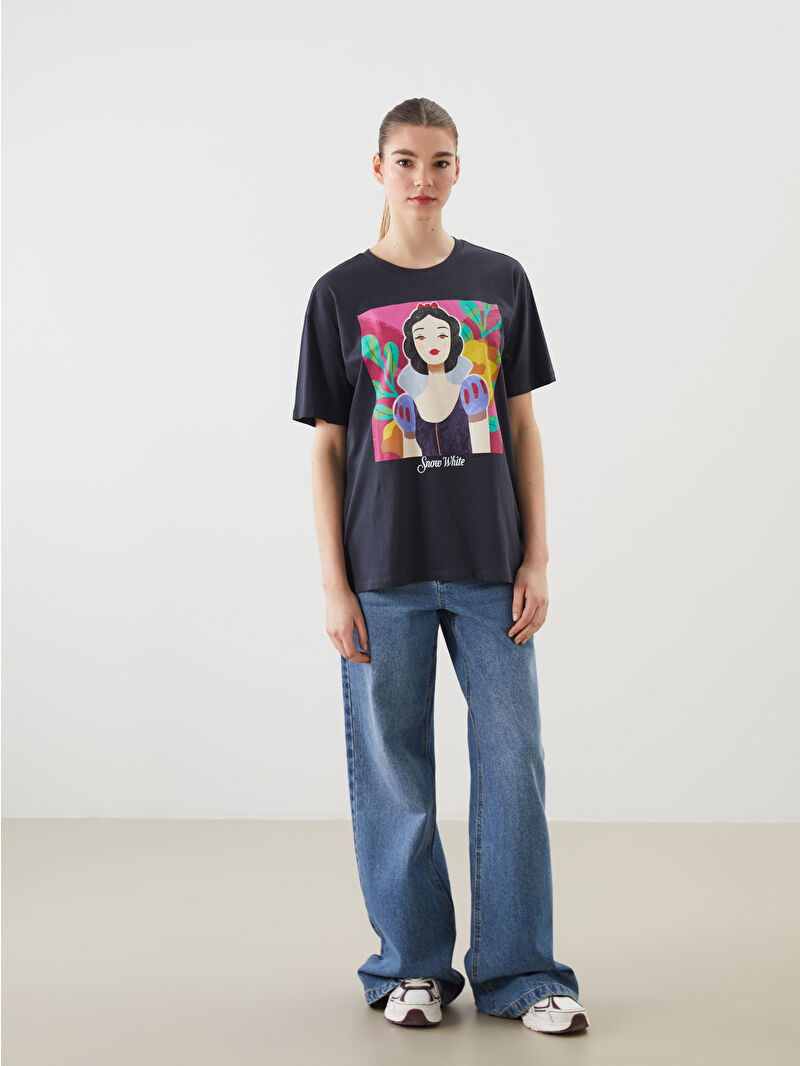 XSIDE Antrasit Bisiklet Yaka Pamuk Prenses Baskılı Kadın Tişört