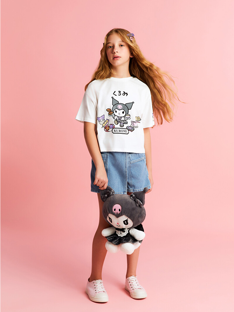 LCW Kids Beyaz Bisiklet Yaka Kuromi Baskılı Kız Çocuk Tişört