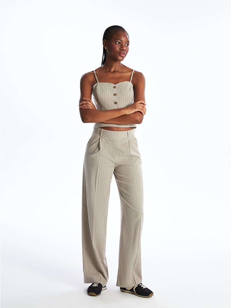 XSIDE Zippered Waist Striped Linen Blend Women's Trousers
