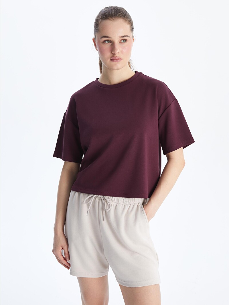 XSIDE ACTIVE Mürdüm Bisiklet Yaka Oversize Crop Kadın Spor Tişört