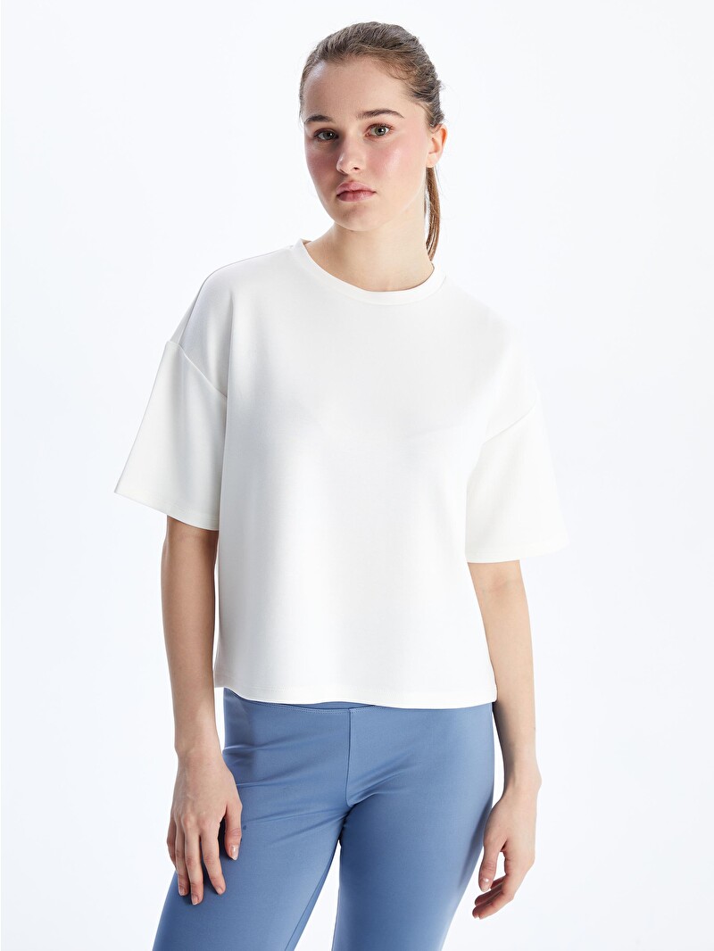 XSIDE ACTIVE Beyaz Bisiklet Yaka Oversize Crop Kadın Spor Tişört