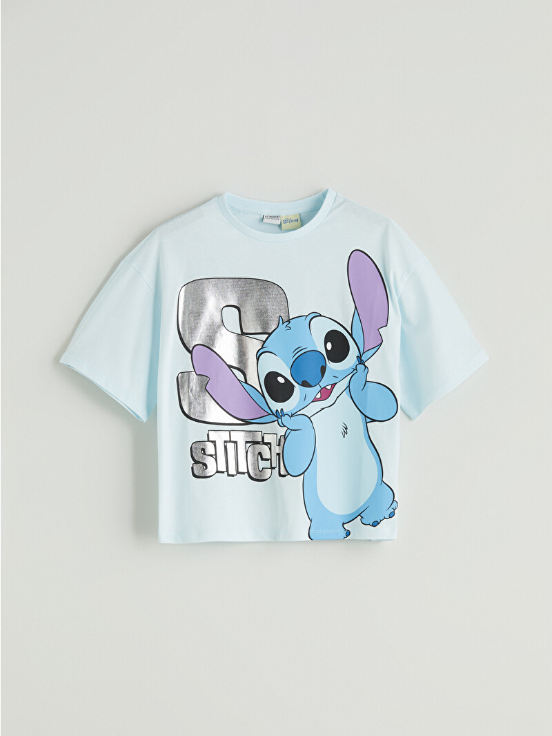 LCW Kids Mavi Bisiklet Yaka Stitch Baskılı Kız Çocuk Tişört