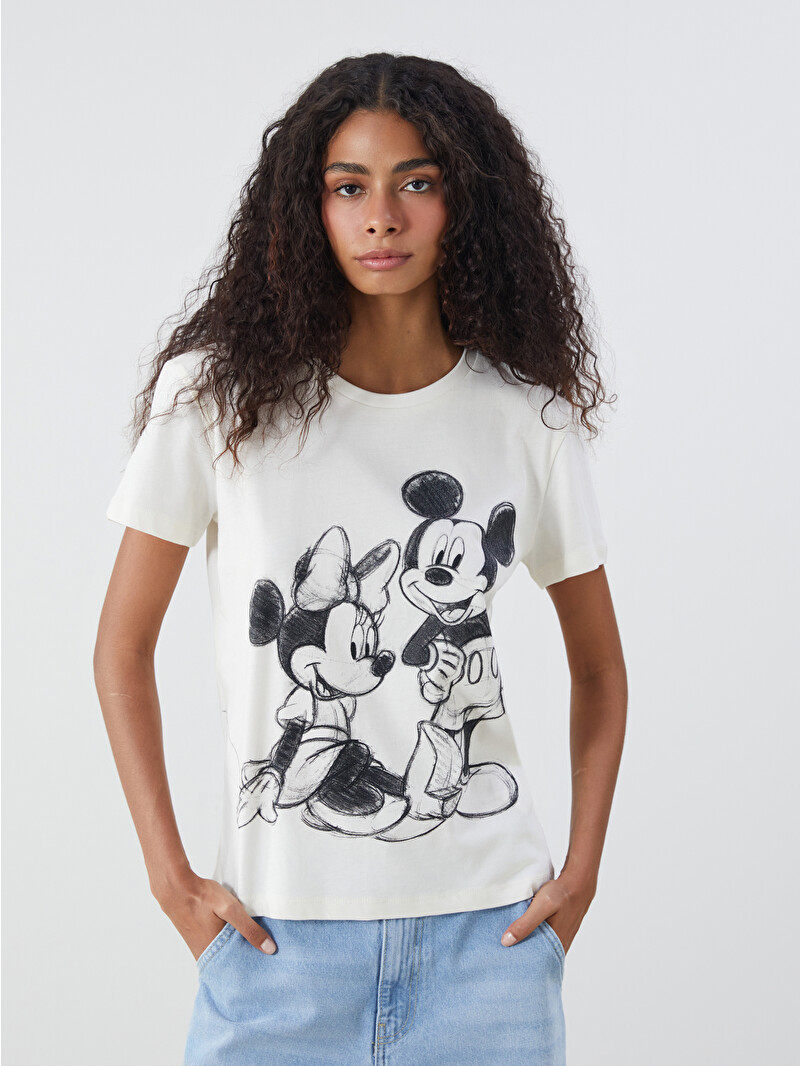 XSIDE Bisiklet Yaka Mickey ve Minnie Mouse Lisanslı Kadın Tişört