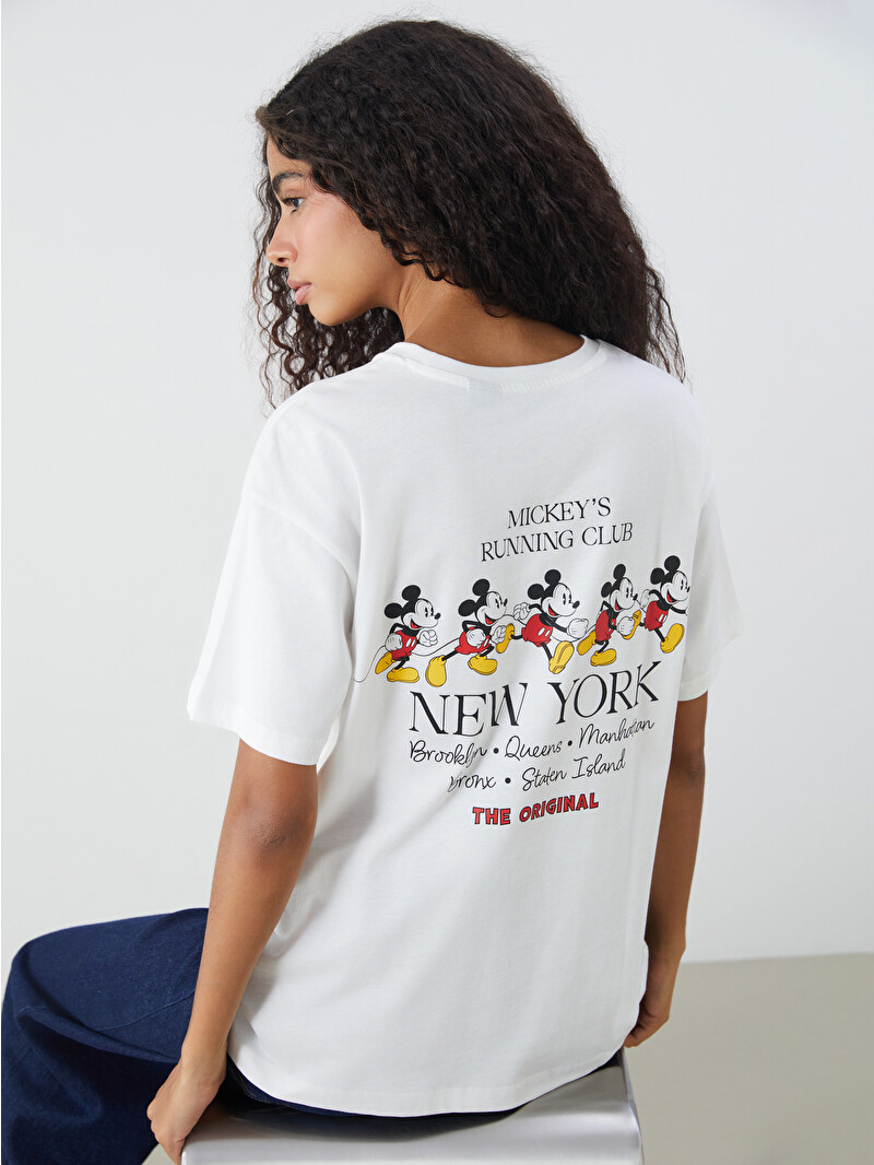 XSIDE Beyaz Bisiklet Yaka Mickey Mouse Baskılı Kadın Tişört
