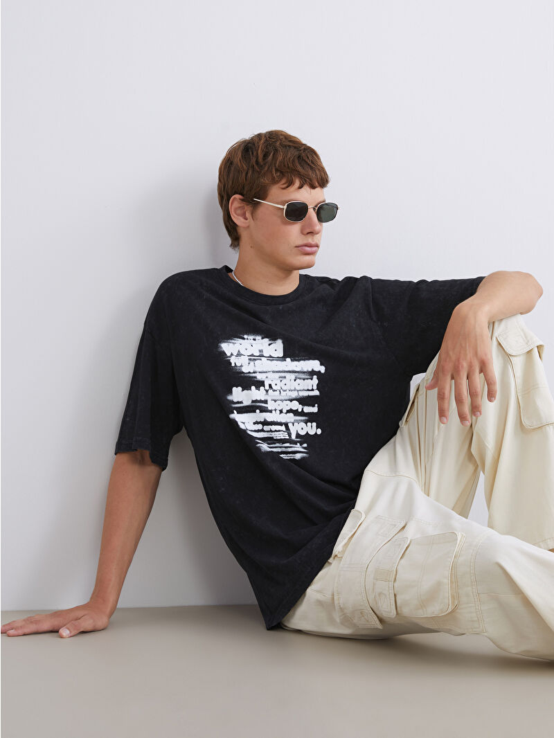 XSIDE Siyah Bisiklet Yaka Baskılı Penye Erkek Tişört - W52560Z8