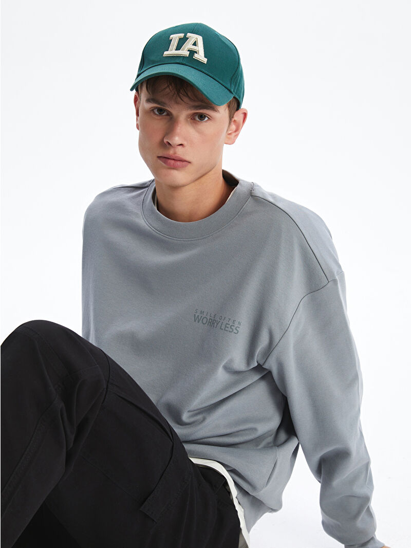 XSIDE Gri Bisiklet Yaka Baskılı Erkek Sweatshirt - W54230Z8-ZAF | LCW