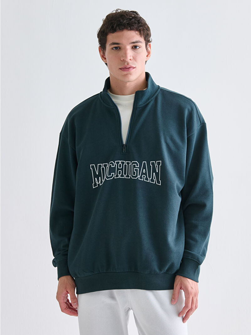 XSIDE Petrol Michigan Baskılı Dik Yaka Baskılı Erkek Sweatshirt