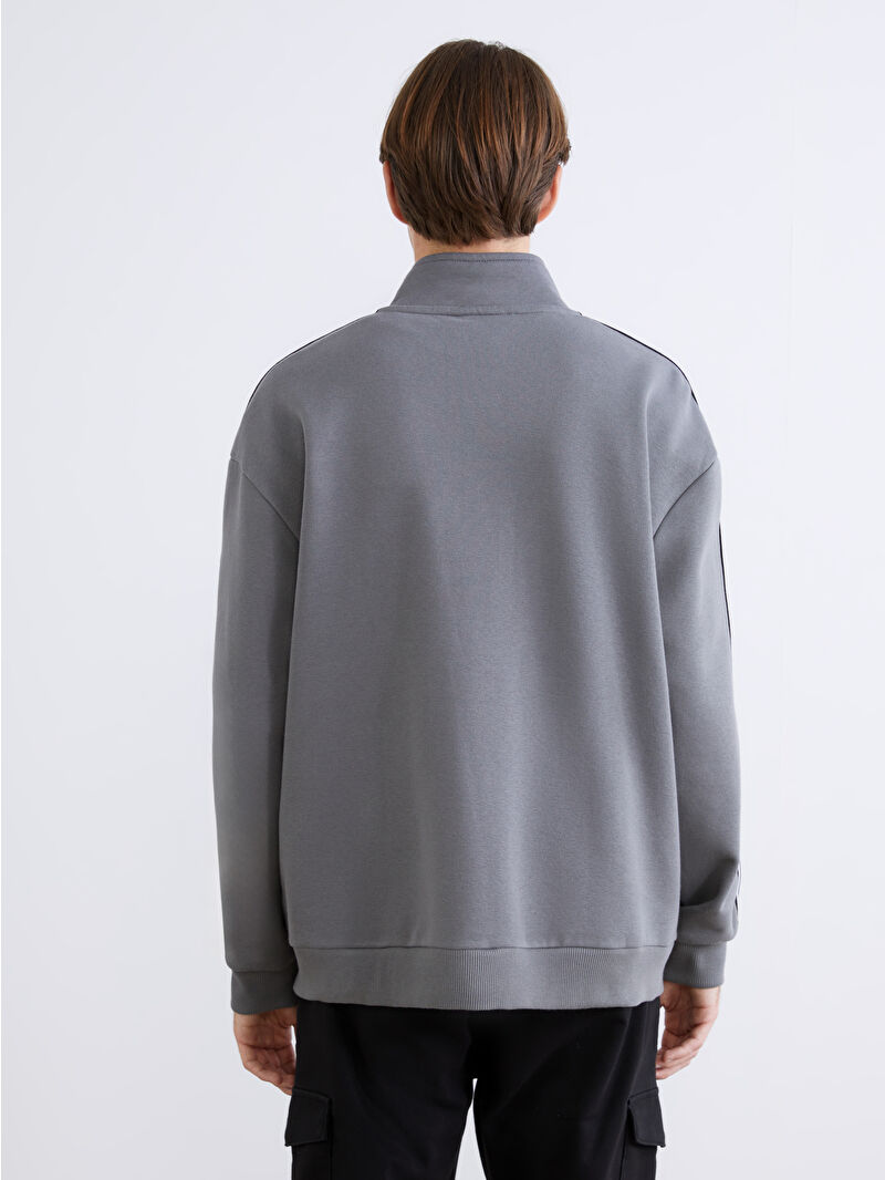 XSIDE Gri Dik Yaka Uzun Kollu Erkek Fermuarlı Sweatshirt