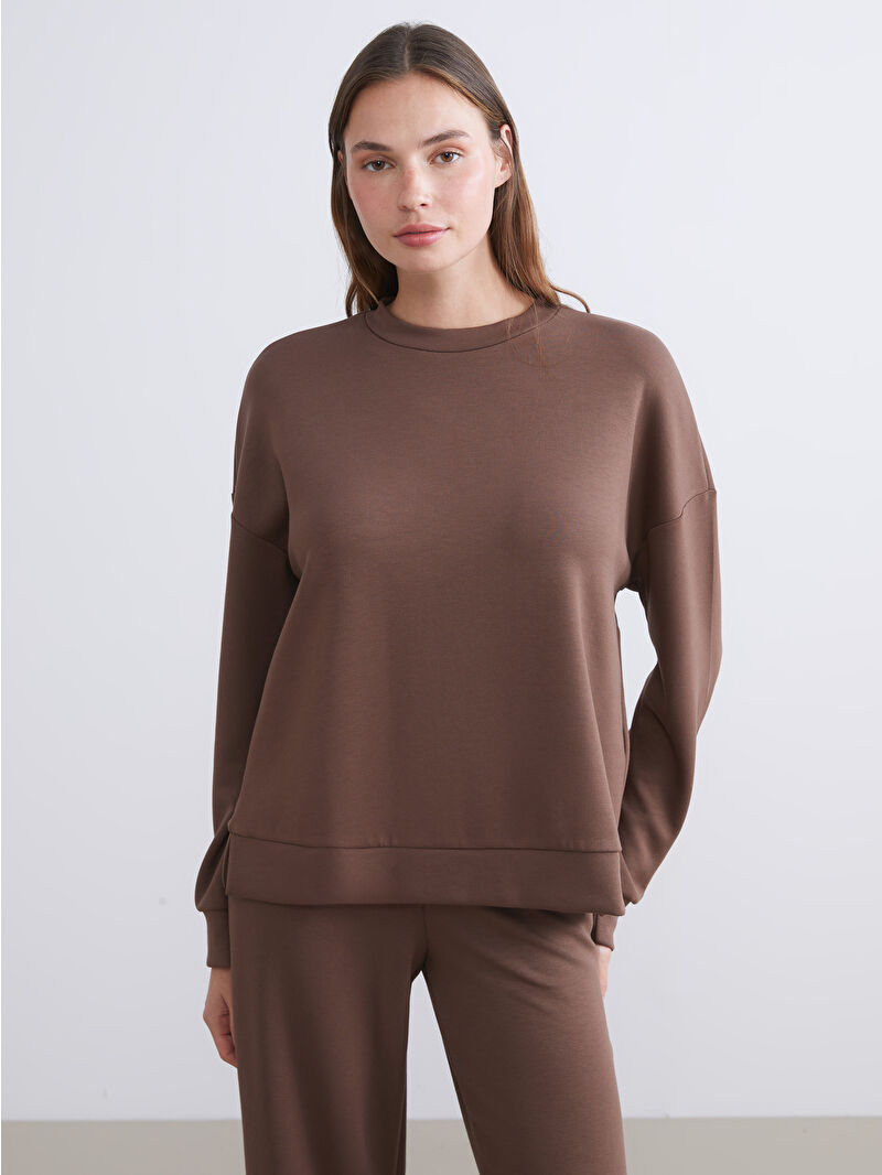 LCW Vision Kahverengi Bisiklet Yaka Oversize Kadın Sweatshirt