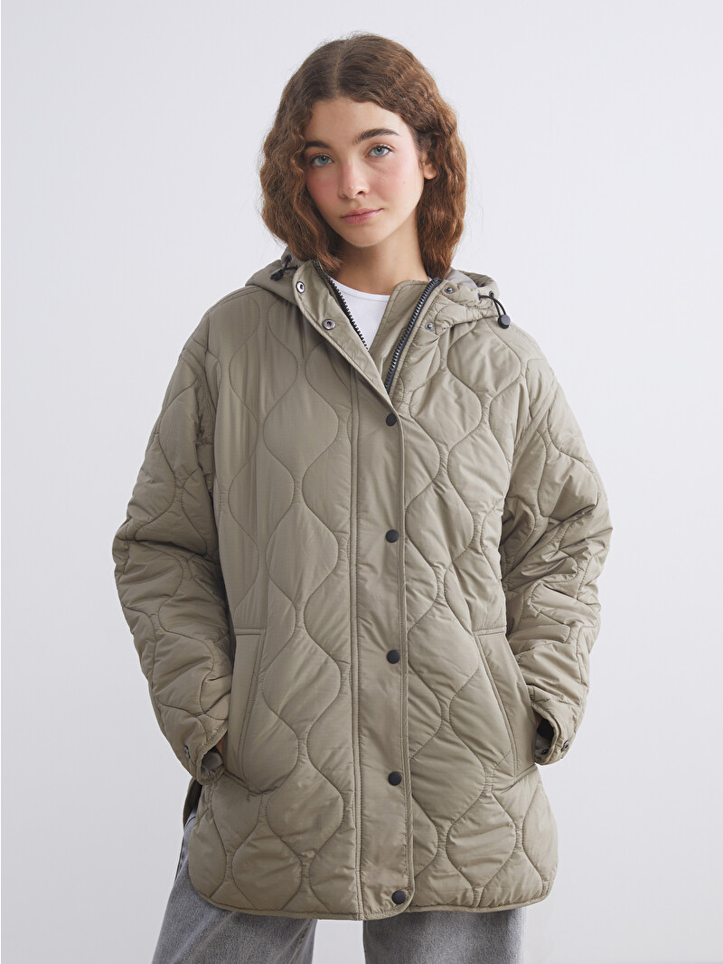 XSIDE Kapüşonlu Kapitone Oversize Kadın Şişme Mont - W56108Z8-KEL