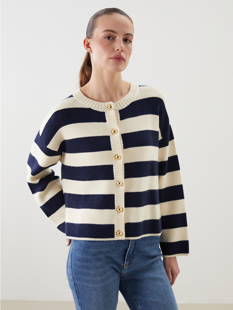 LCWAIKIKI Classic Crew Neck Striped Women's Knitwear Cardigan