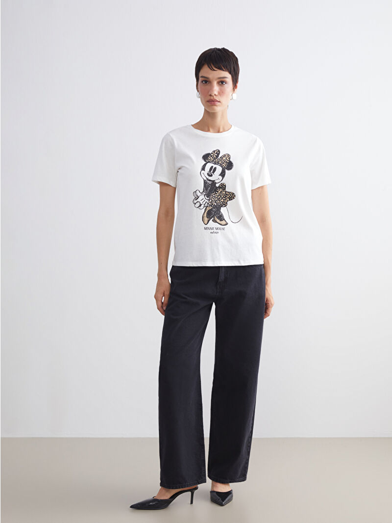 LCW Vision Bisiklet Yaka Minnie Mouse Baskılı Kadın Tişört