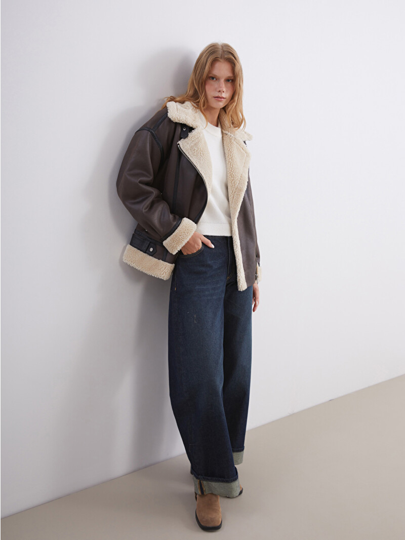 LCW Vision Kürk Yaka Oversize Kadın Süet Mont - W56995Z8-VKD | LCW