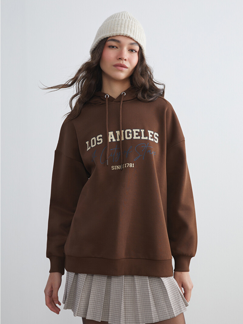 タグ付き 着丈83 ミンク 3L〜4L ブラウン セミロング メンズ レディース LCW Modest Los Angeles Printed Oversize Women's Thick Hoodie