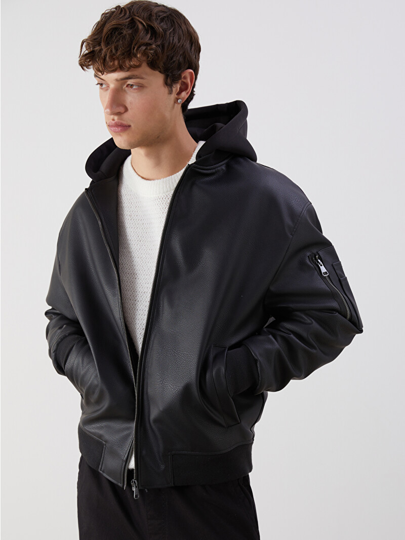XSIDE Regular Fit Hooded Men's Faux Leather Jacket - W59386Z8-CVL