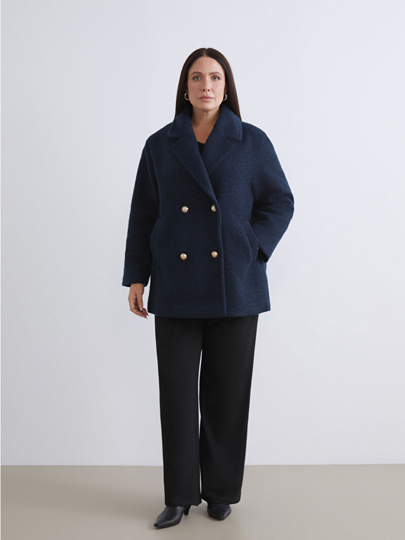 LCW Modest Lacivert Kruvaze Yaka Oversize Kadın Kaşe Kaban