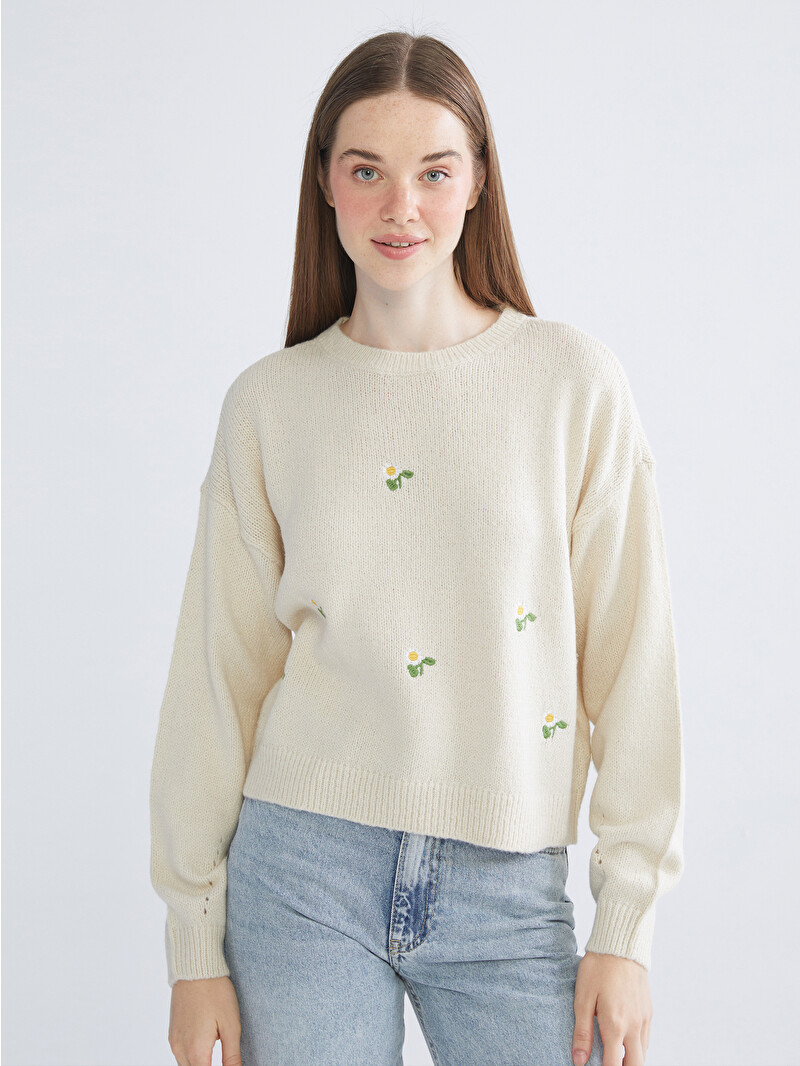 XSIDE Crew Neck Floral Embroidered Women's Knitwear Sweater