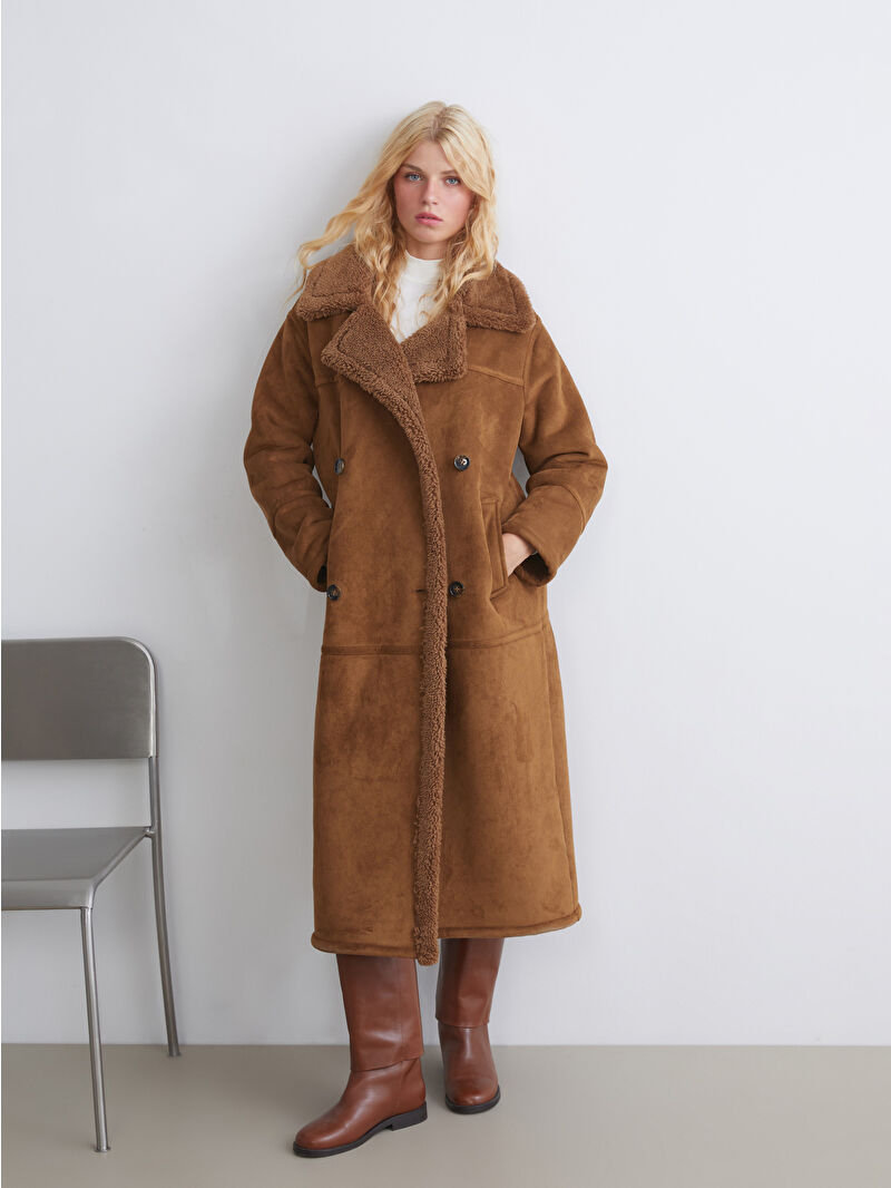 XSIDE Geacă Midi pentru Femei cu Guler Biker și Blană din Imitație