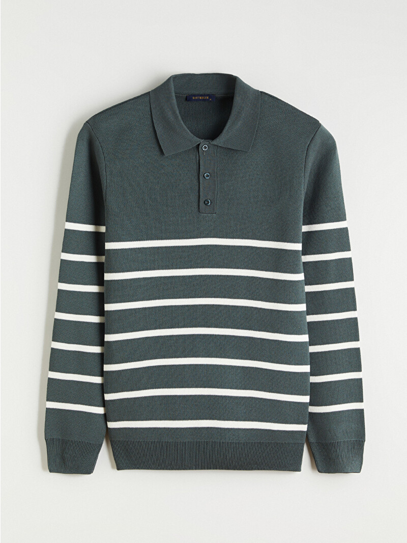 8YARDS Men’s MockNeck 3G SOUTHBLUE Polo Neck Striped Men's Knitwear Sweater - W5H181Z8-HBA