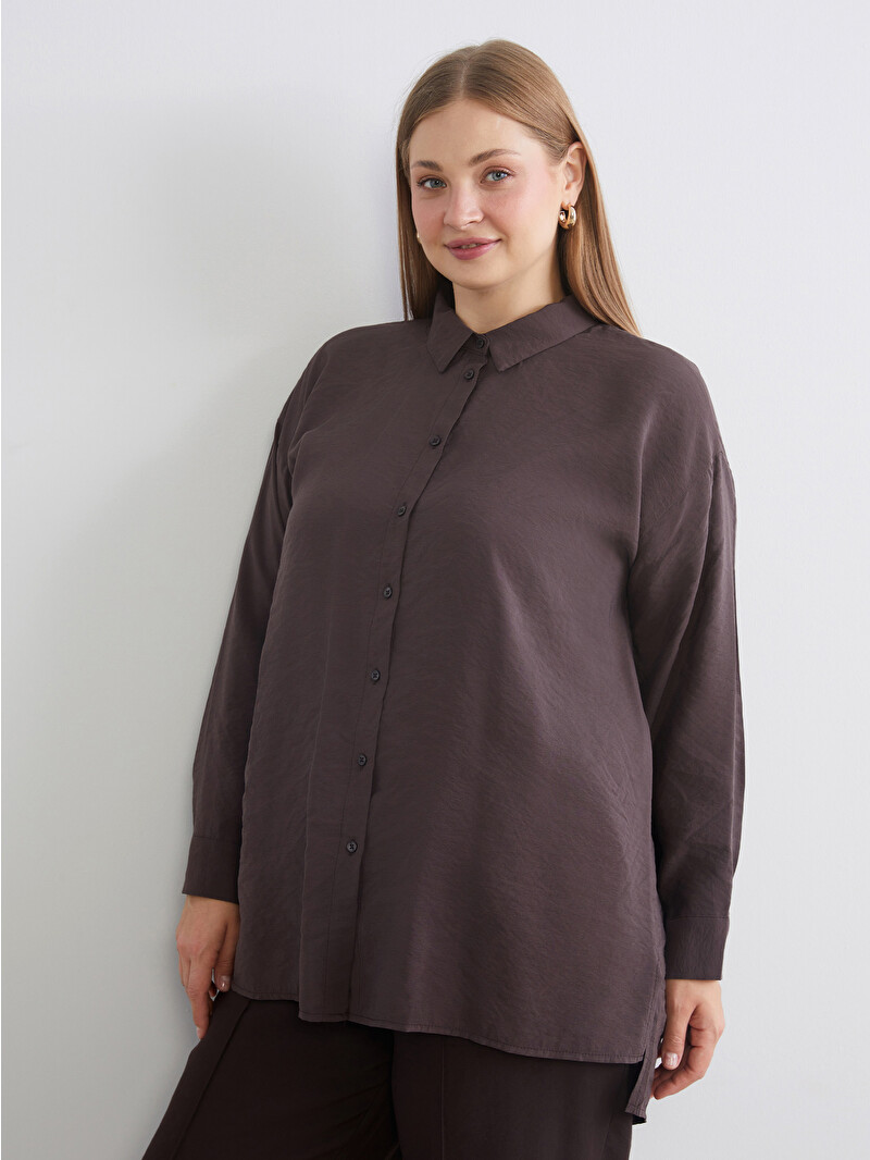LCW Modest Kahverengi Oversize Modal Karışımlı Kadın Gömlek Tunik