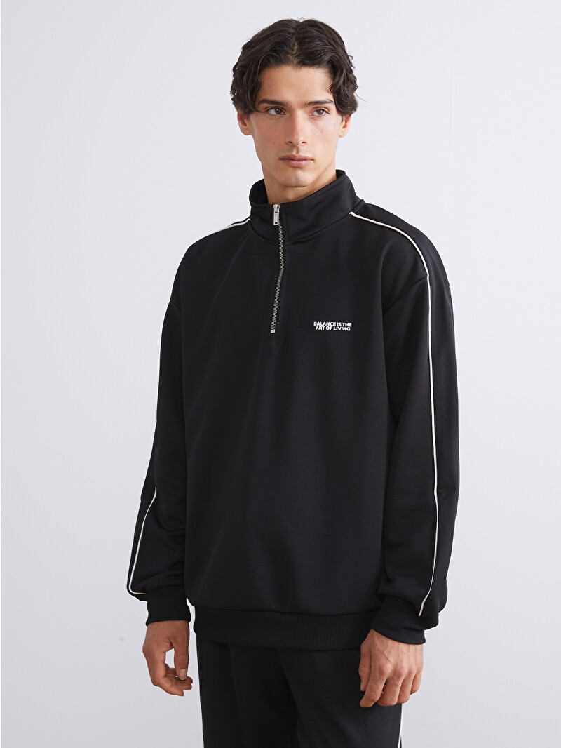 XSIDE Siyah Dik Yaka Baskılı Erkek Sweatshirt - W5HT58Z8-CVL | LCW