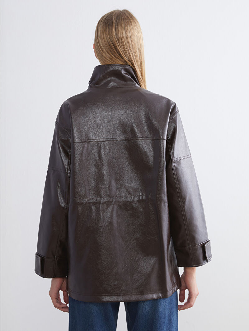 LCWAIKIKI Classic Kahverengi Dik Yaka Oversize Kadın Deri