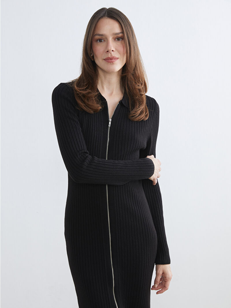 LCWAIKIKI Classic Siyah Polo Yaka Fitilli Triko Elbise - W5ID91Z8