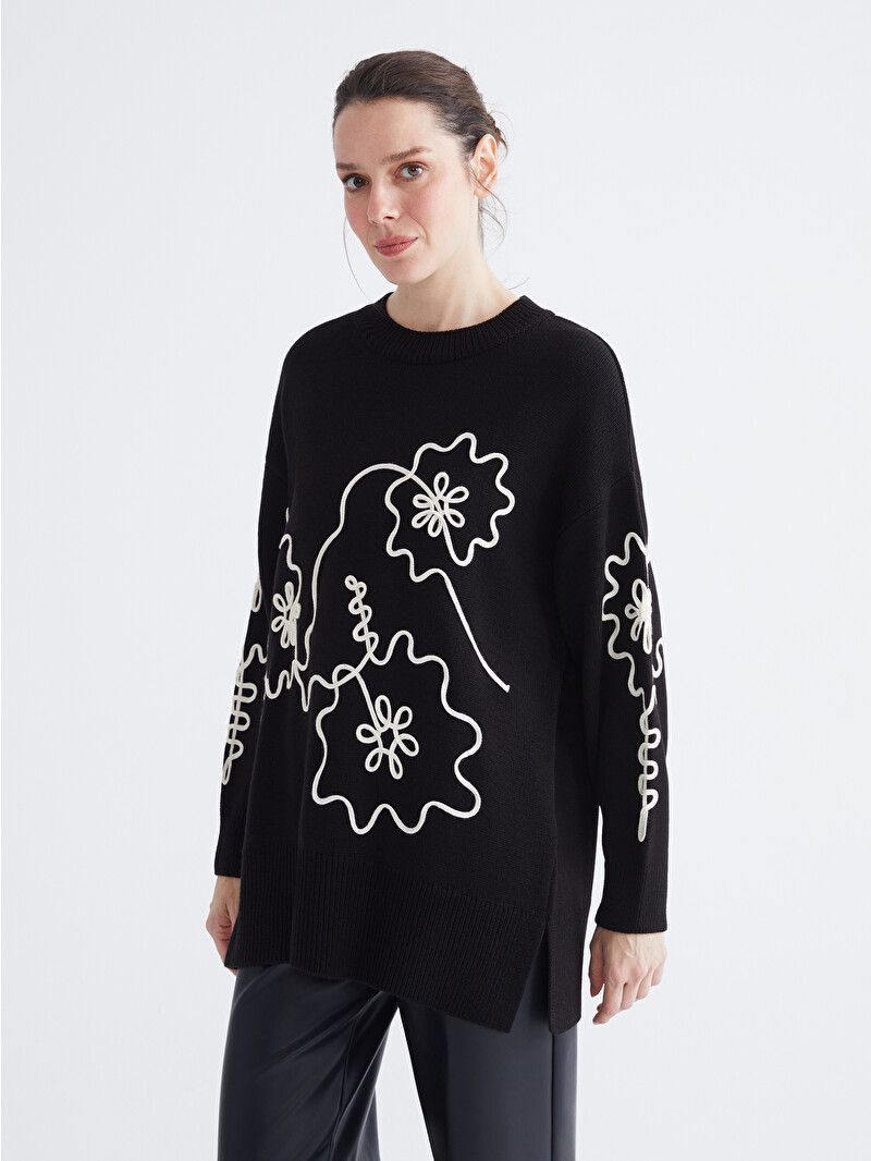 【Holiday】CREW-NECK L/S TOPS (FLOWER) LCWAIKIKI Classic Crew Neck Floral Embroidered Women's Knitwear