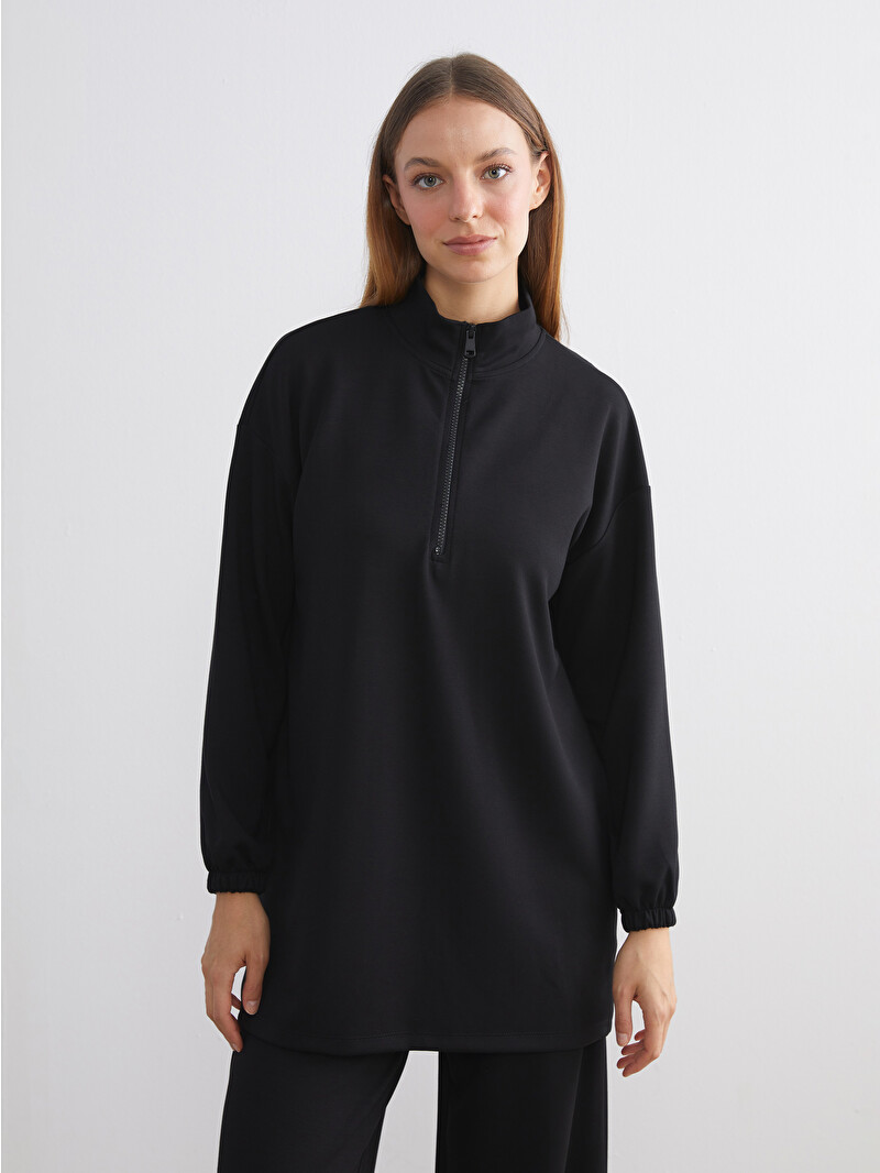 LCW Modest Siyah Dik Yaka Oversize Kadın Sweatshirt Tunik
