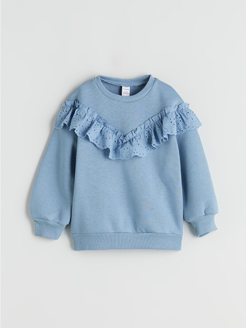 LCW Kids Mavi Bisiklet Yaka Fırfırlı Kız Çocuk Sweatshirt