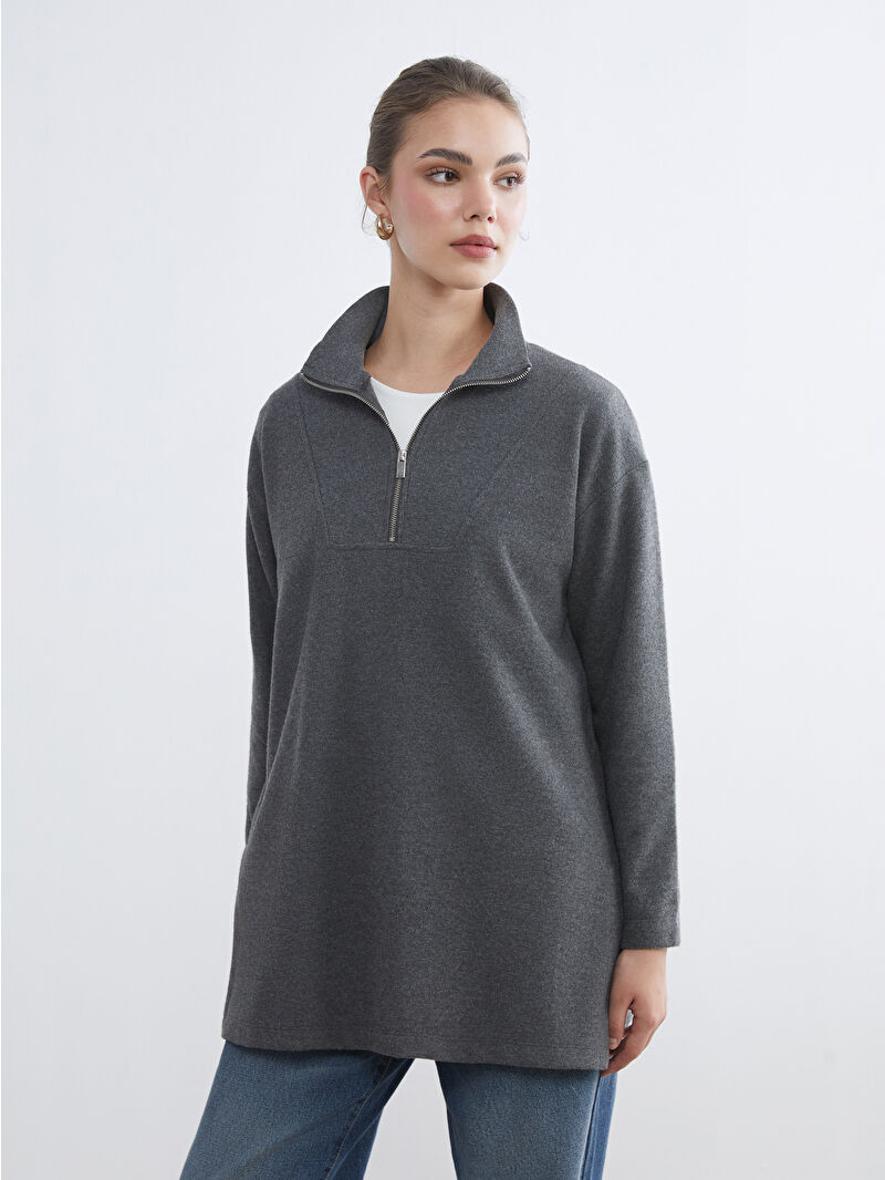 LCW Modest Antrasit Dik Yaka Kadın Sweatshirt Tunik - W5JC08Z8-CWN