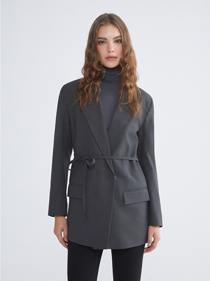 LCW Modest Antrasit Beli Kuşaklı Kadın Blazer Ceket - W5JN22Z8-CWN