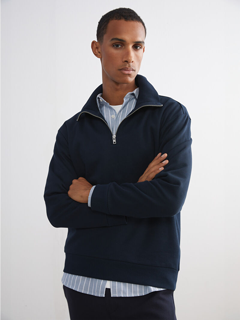 LCW Vision Lacivert Dik Yaka Erkek Sweatshirt - W5JS91Z8-RFH | LCW