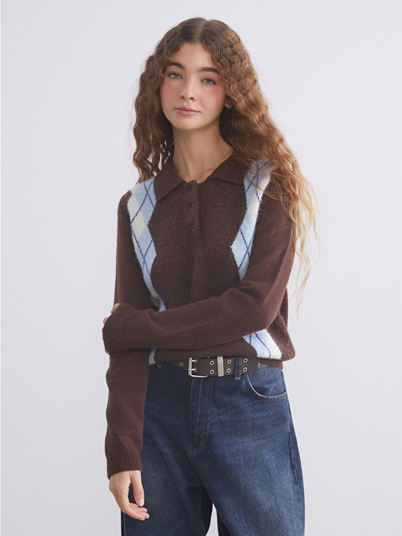 XSIDE Polo Neck Argyle Pattern Women's Knitwear Sweater - W5KE63Z8