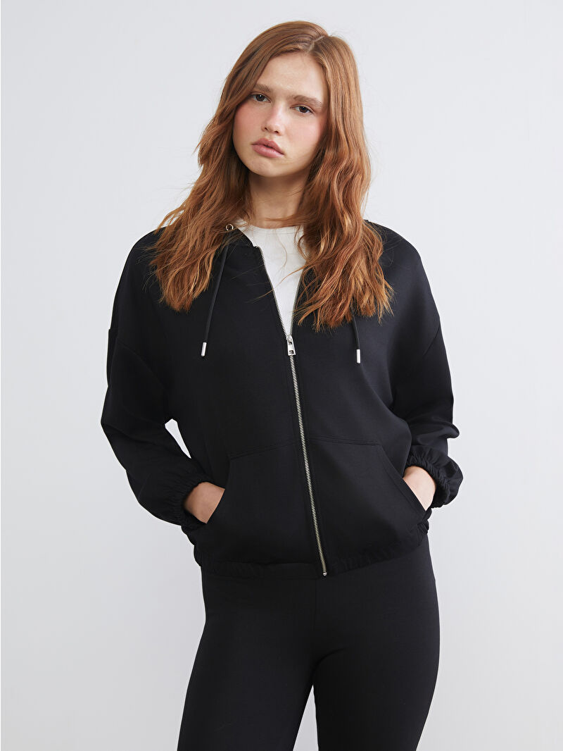 XSIDE Siyah Kapüşonlu Oversize Kadın Fermuarlı Sweatshirt