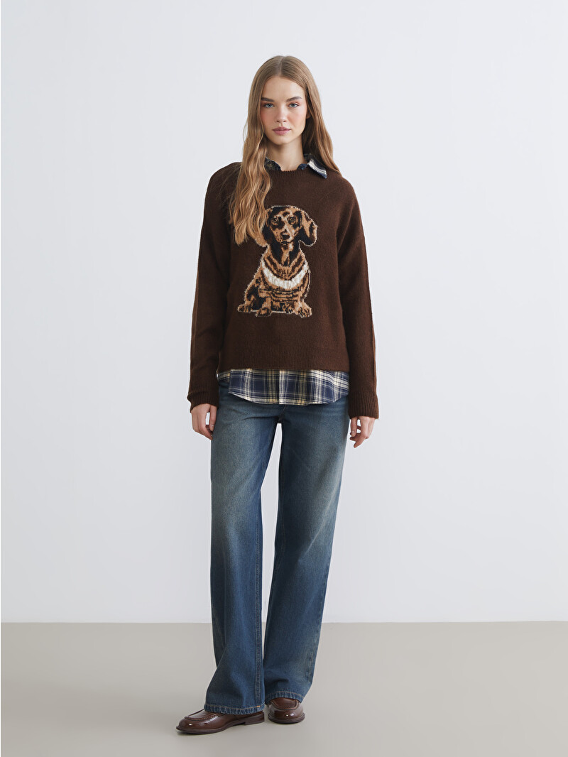 XSIDE Dog Patterned Oversize Women's Knitwear Sweater - W5L694Z8