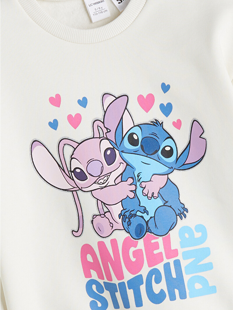 LCW Kids Ekru Stitch ve Angel Baskılı Kız Çocuk Sweatshirt