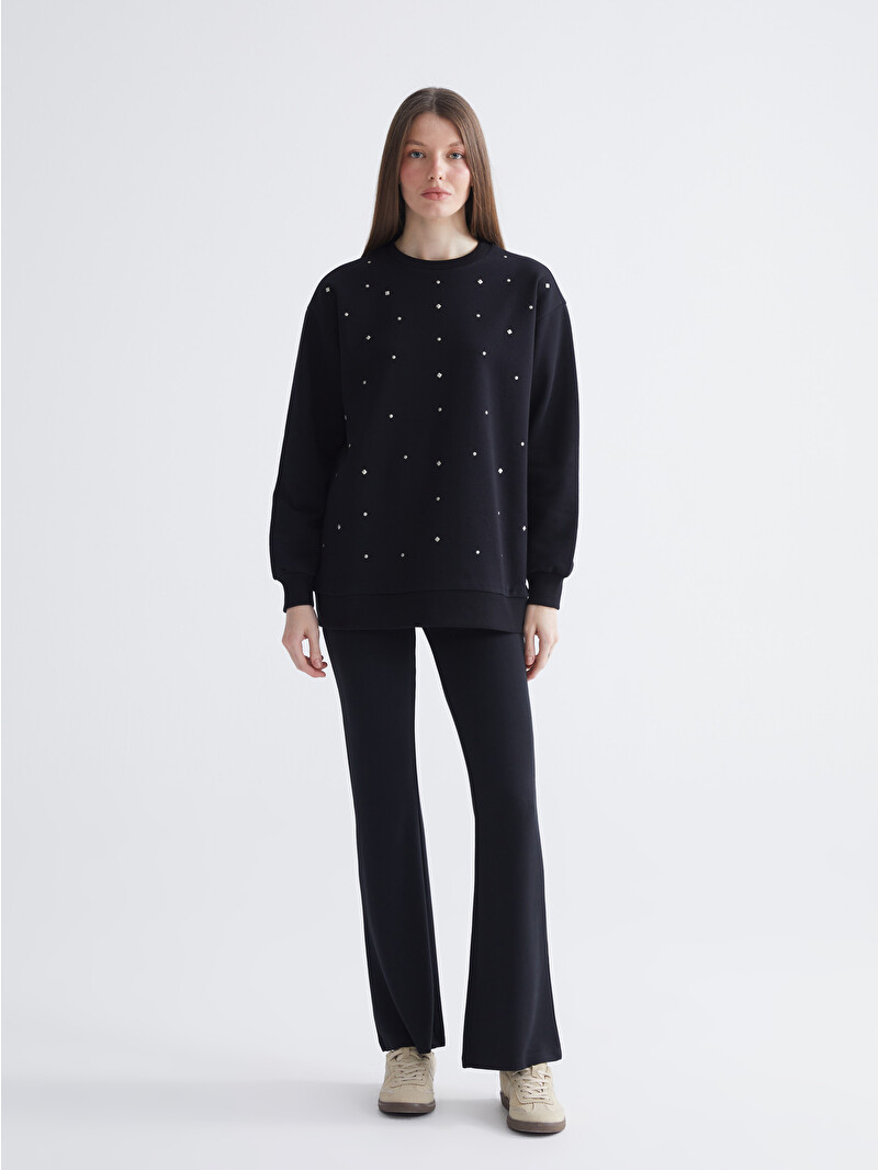 LCW Comfort Siyah Bisiklet Yaka Taşlı Kadın Sweatshirt - W5N007Z8
