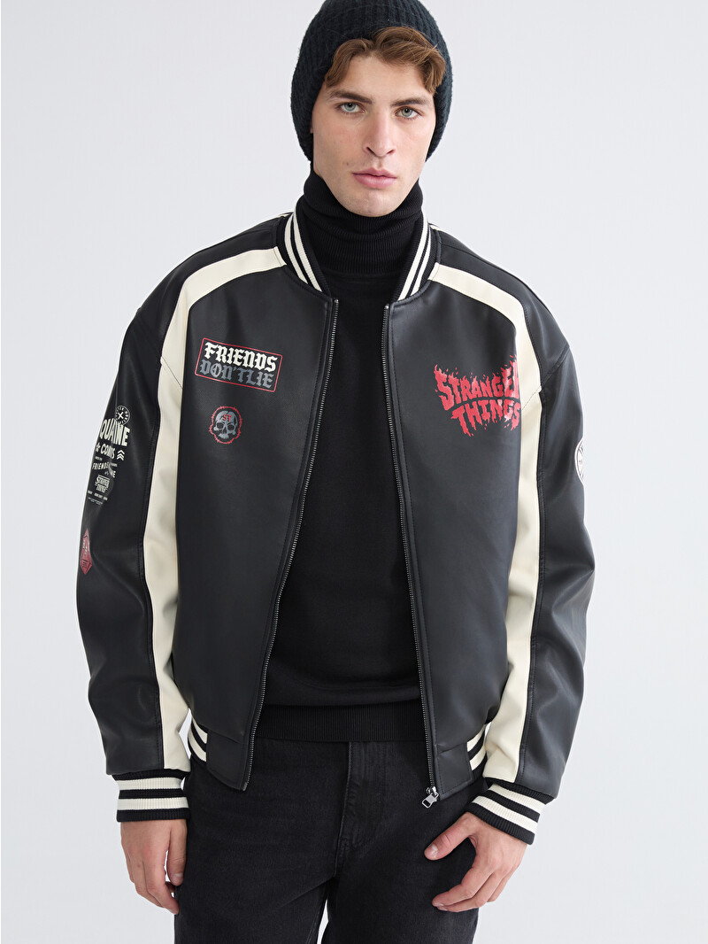 XSIDE Loose Fit Stranger Things Printed Men's Faux Leather Jacket