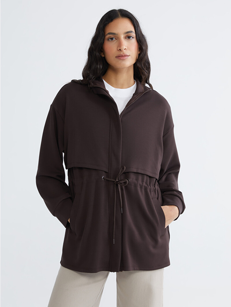 LCW Modest Kahverengi Dik Yaka Oversize Kadın Fermuarlı Sweatshirt